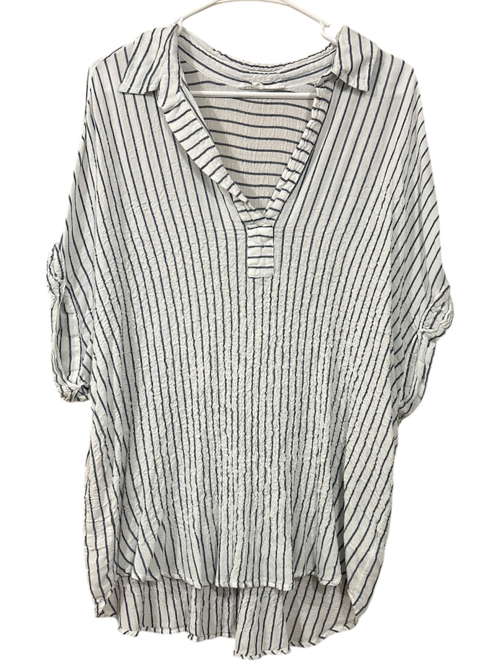 Jane and Delancey White Tunic with Blue Stripes and V-Neck
